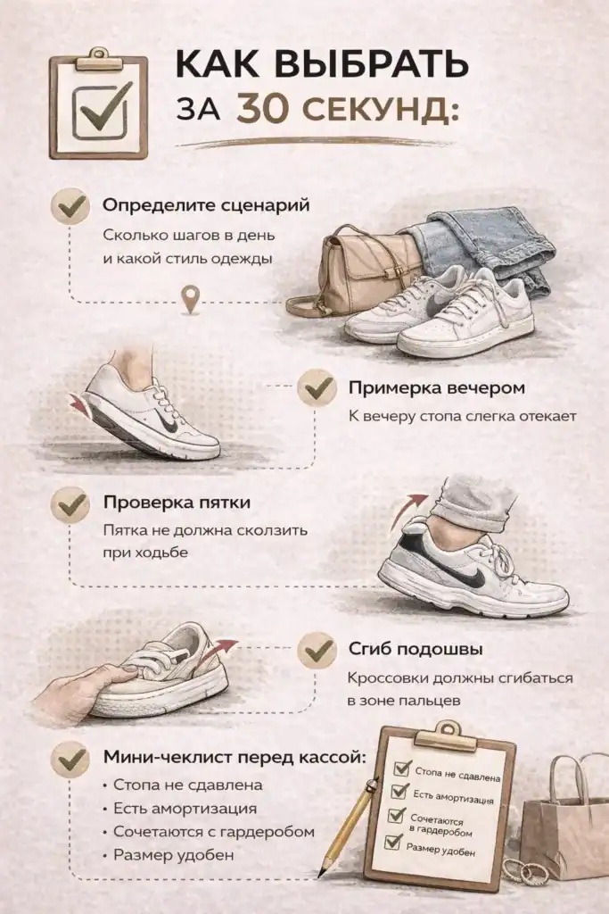 Как выбрать кроссовки за 30 секунд — чеклист правильной примерки и проверки удобства