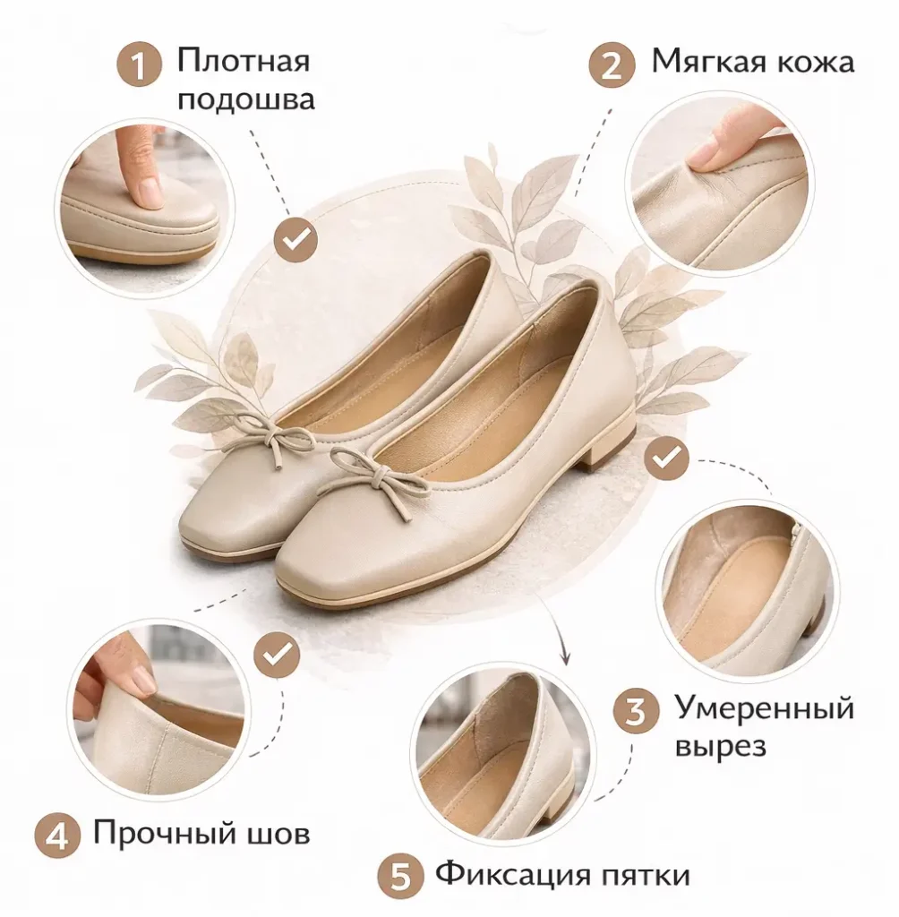 Мини-инфографика: 5 признаков хороших балеток — плотная подошва, мягкая кожа, прочный шов и фиксация пятки